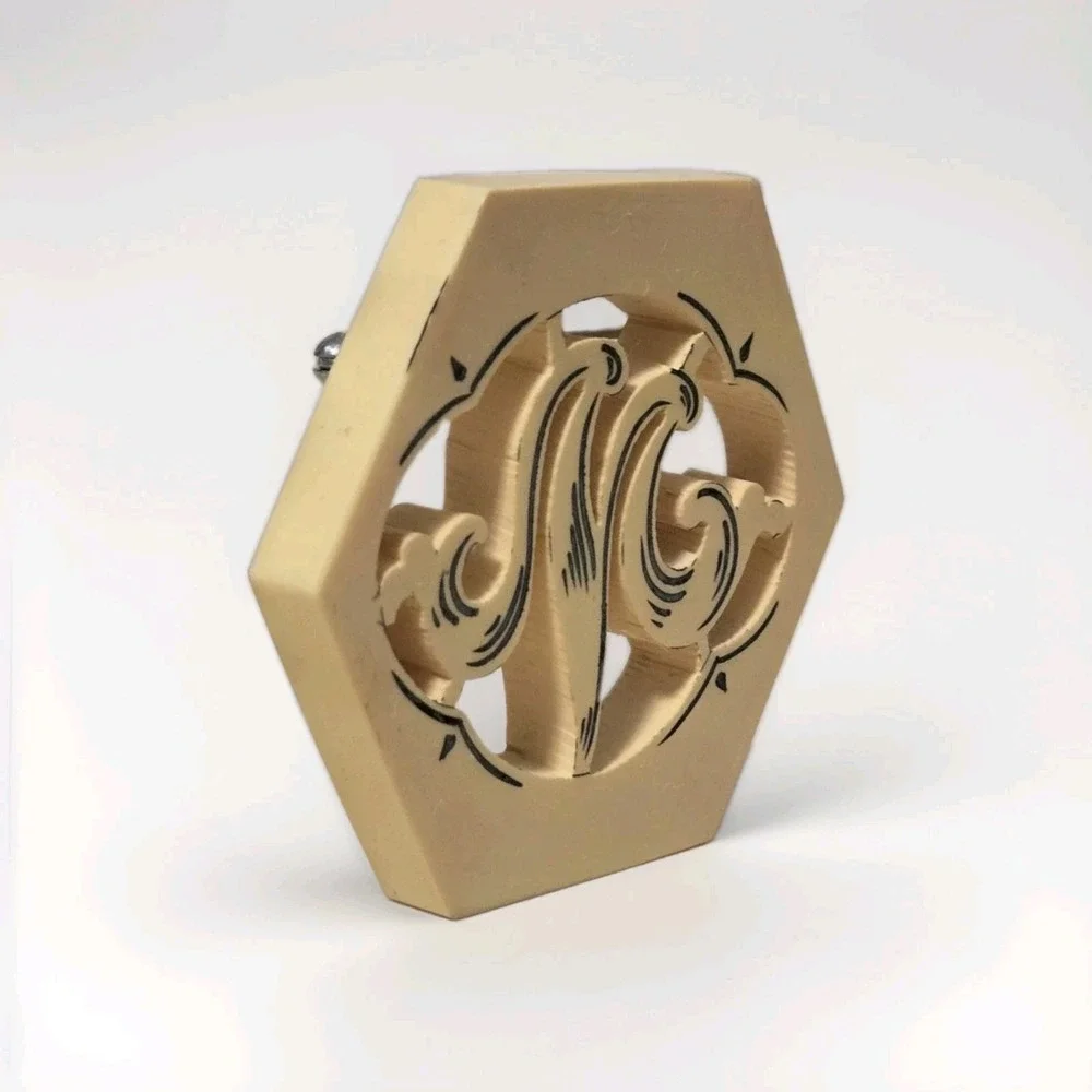 Vintage Bakelite Monogram Custard Brooch Open Work Carved  Art Deco